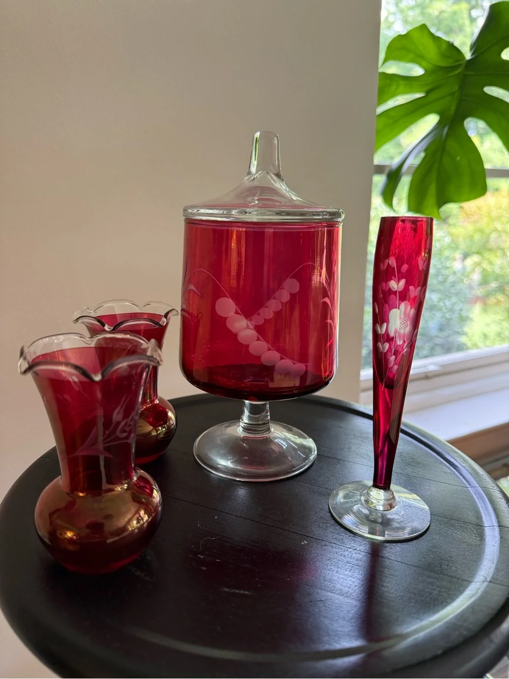 Ruby Red Etched Glass Pedestal Candy Jar and Vases Set